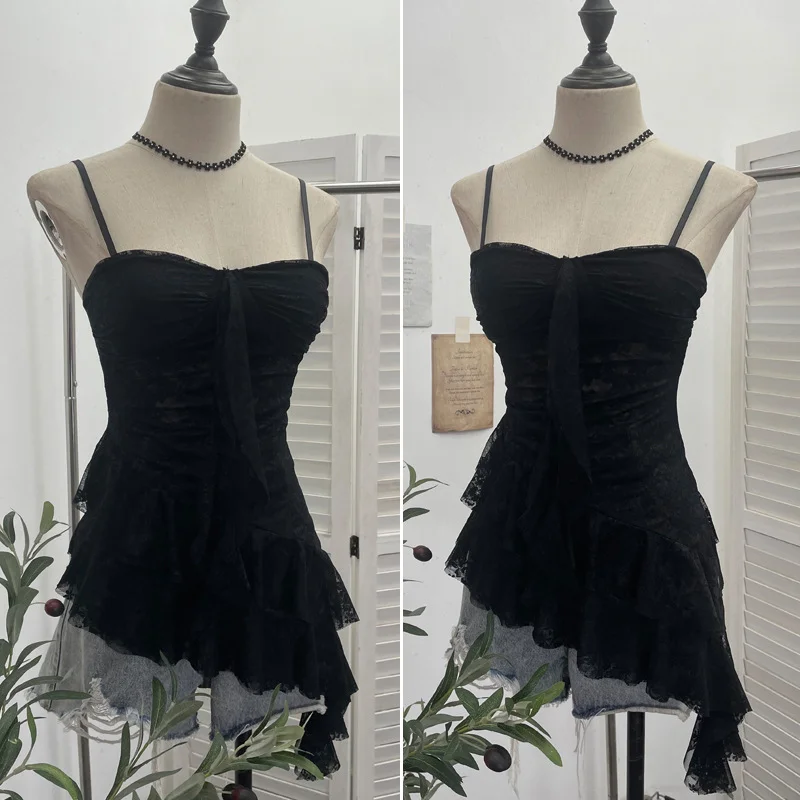 Uveng Real Shoot Sweet Spice Girls Irregular Lotus Side With Chest Pad Sling Vest Sexy Lace Sleeveless Top 1139