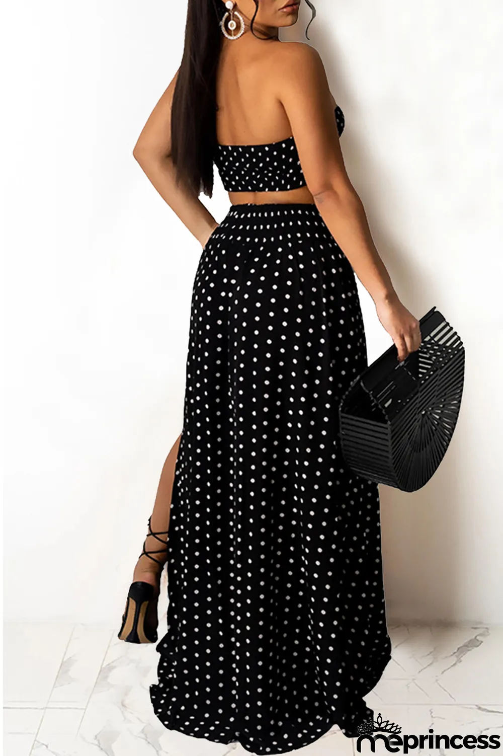 Blue Fashion Sexy Dot Print Backless Slit Strapless Sleeveless Two Pieces