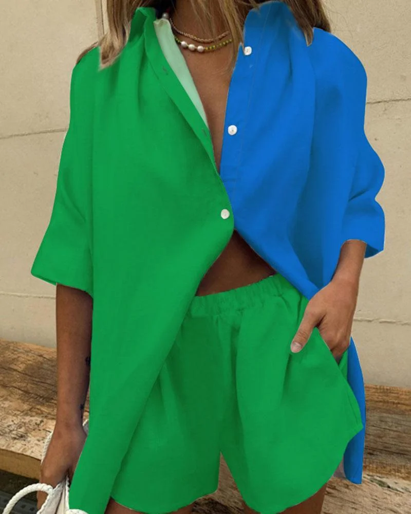 Color Blocked Short Sleeve Shorts Fashion Casual Suit