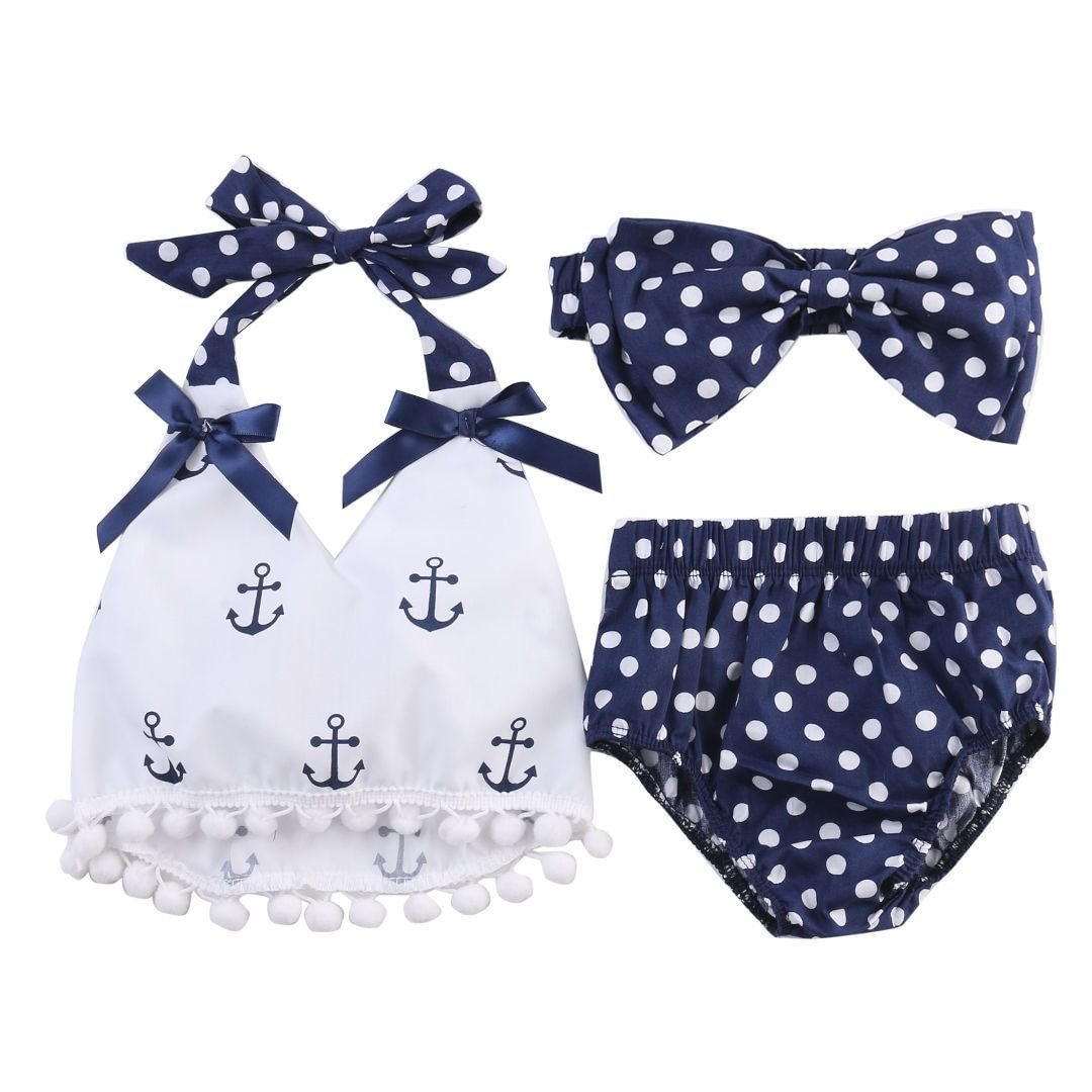 Toddler Infant Baby Girls Clothes  Anchors Tops Shirt Polka Dot Briefs Head Band 3pcs Outfits Set
