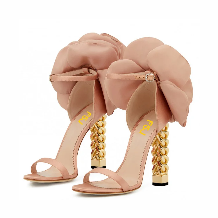 Blush Satin Flower Heels Chain Decorative Heel Ankle Strap Sandals |FSJ Shoes