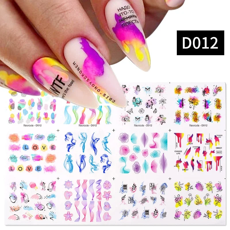 Harunouta 12Pcs/Set Love Letter Flower Sliders Water Decals Electrocardiogram Love Heart Lips Stickers For Nails Decoration