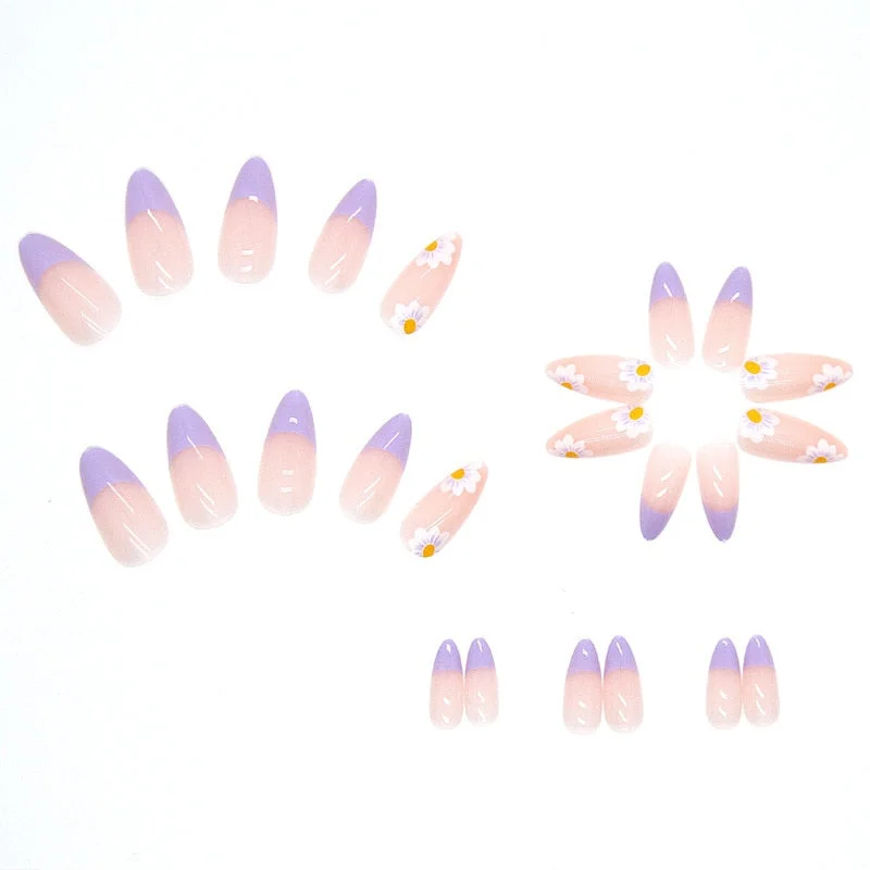 24pcs Fresh Lovely Pink Purple Blue Summer Flower Water Drop Shaped Fake Nails With Glue Wearable False Nails With Wearing Tools-Nail Inspo