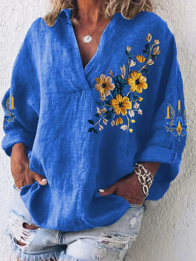 Women's Blue And Yellow Sunflower Casual Top
