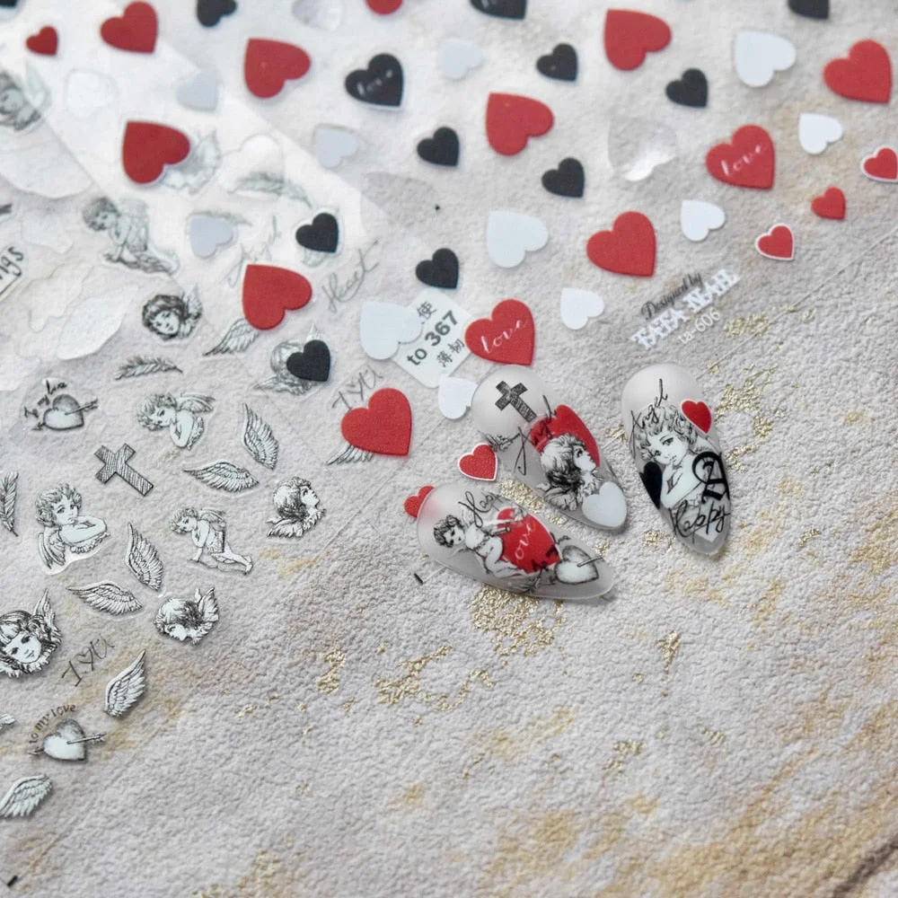 Angel Cross Wings Corpse Bride Nail Sticker 3D Engraved Nail Stickers Flower Rose Nail Art Decorations Nail Decals Design