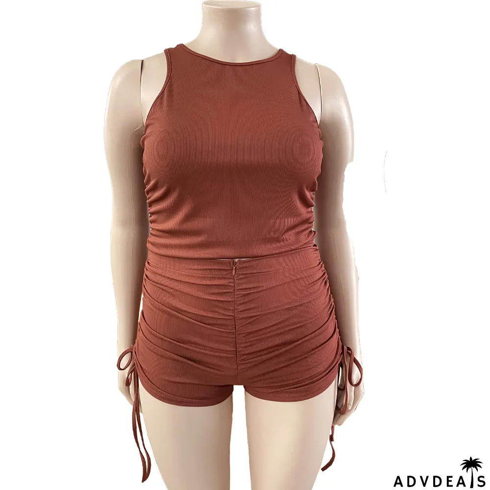 Plus Size Tank Tops And Ruch Shorts Two Piece Set