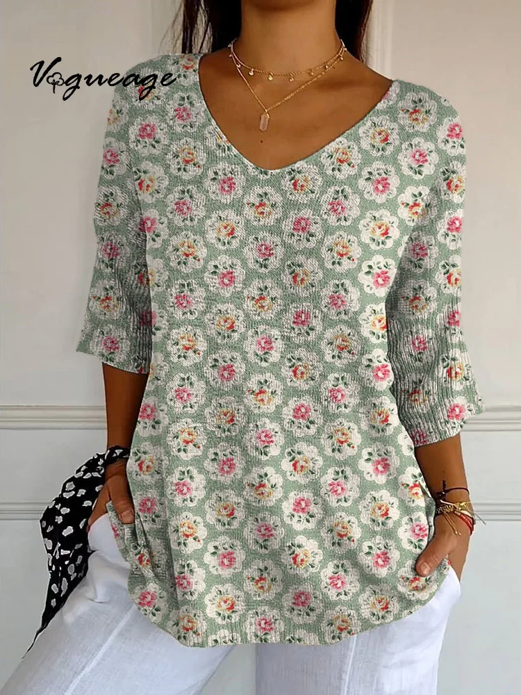 Gentle And Elegant Versatile Floral Printed Knitted Sweater