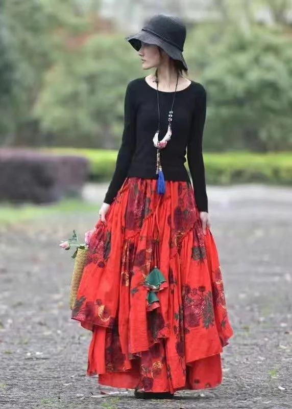 Boho Red Wrinkled Asymmetrical Print Lace Up Cotton Maxi Skirt Spring