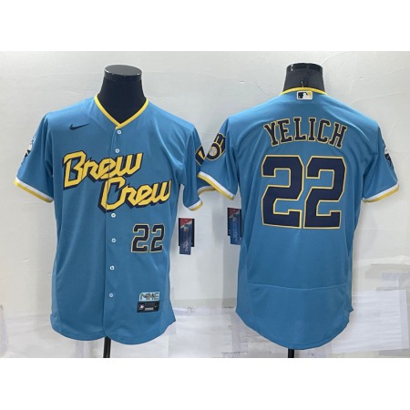 Men's Milwaukee Brewers #22 Christian Yelich Powder Blue 2022 City Connect Flex Base Stitched MLB Jersey FTLR
