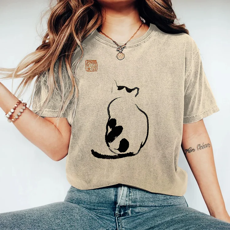 Comstylish Vintage Japanese Art Cat Print Casual Cozy T-Shirt