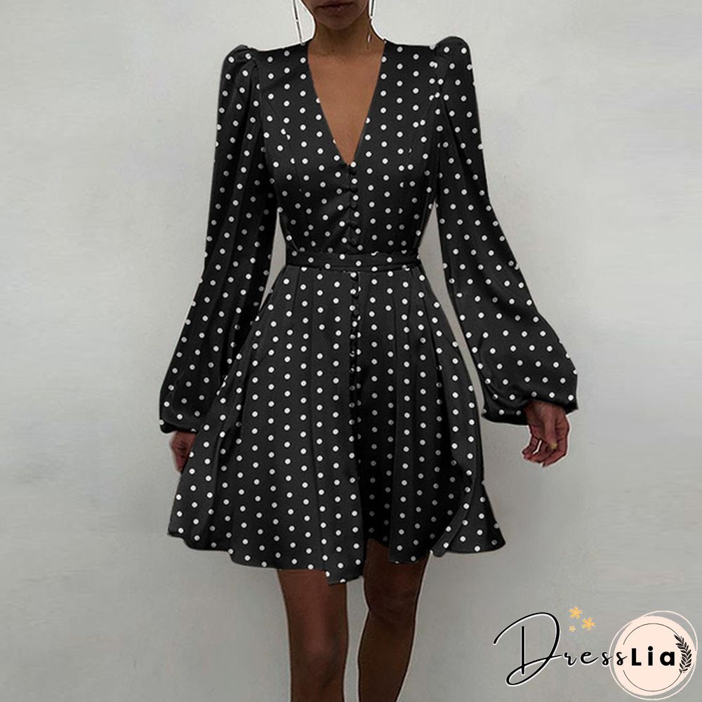 Autumn Spring Dresses Women Stain Silk Polka Dot Puff Long Sleeve V Neck Party Mini A Line Dress Plus Size