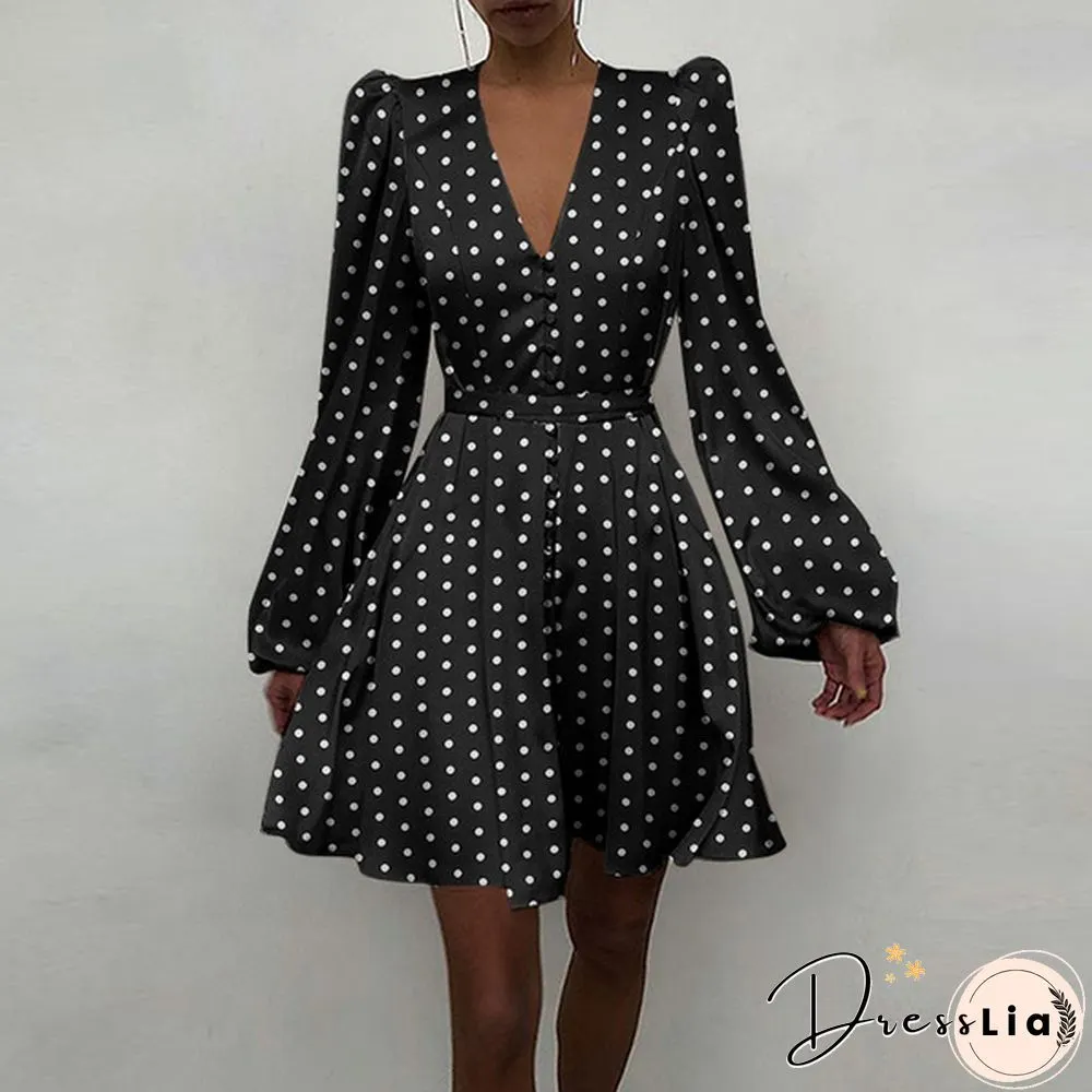 Autumn Spring Dresses Women Stain Silk Polka Dot Puff Long Sleeve V Neck Party Mini A Line Dress Plus Size