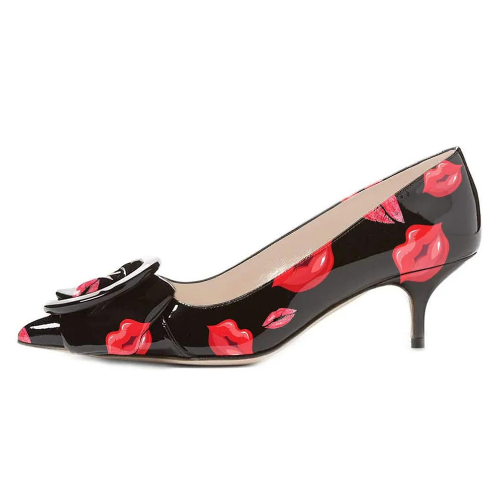 Black Patent Leather Pointed Red Lip Printed Elegant Pumps for Ladies