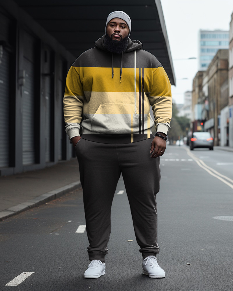 Men's Large Size Color Block Geometric Colorblock Casual Hoodie and Sweatpants Two Piece Set