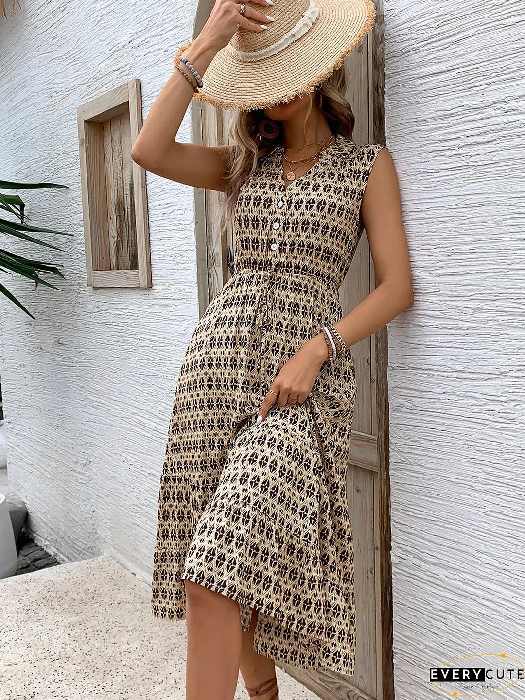 Printed Johnny Collar Midi Dress