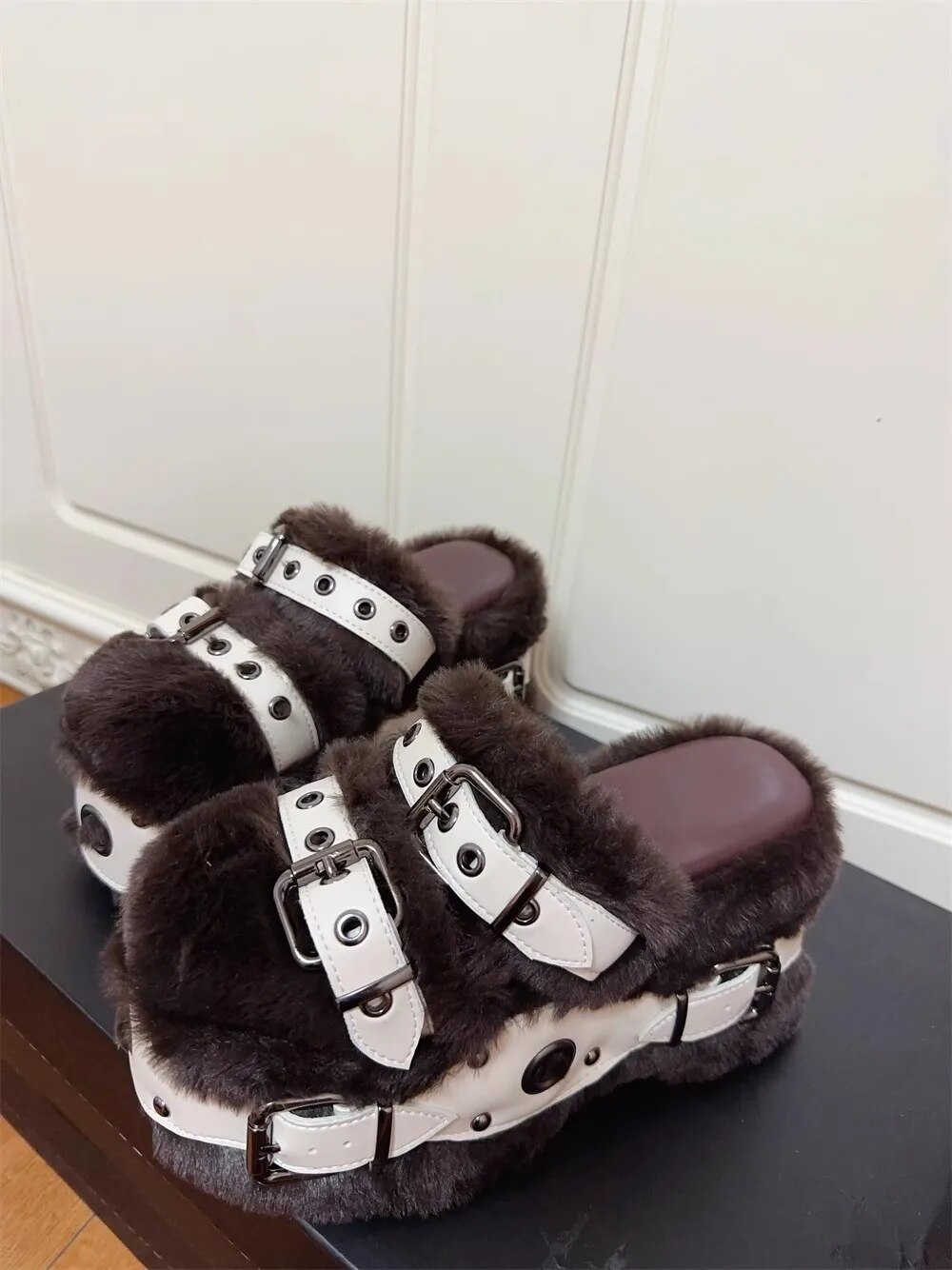 VCshoes Woman Fur Slippers Shoes Lady High Wedges Heels Pumps Girl Dress Party Sandals Buckles 10cm 33-45