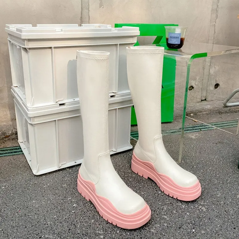 Chunky Heels Platform Long Boots For Women 2021 Autumn Winter Ladies Knee High Boots Candy Colors Female Soft Leather Shoes New