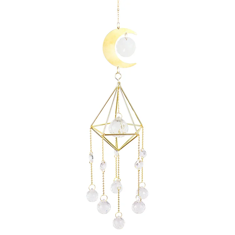 Crystal Wind Chime Catching Moon Metal Frame Ball Pointed Bead Flower (B)