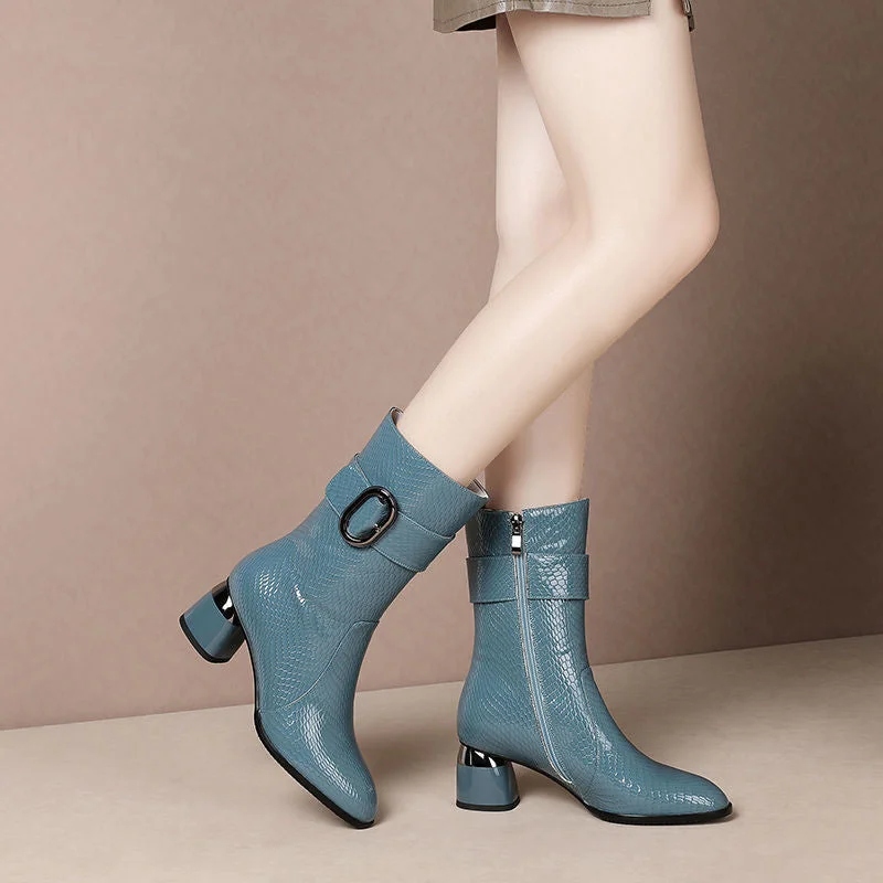 Fall/Winter Mid Calf Boots Woman 2021 5.5cm Heel Short Boots Women's Winter Shoes Plush Booties Zip Buckle for Female Black Blue