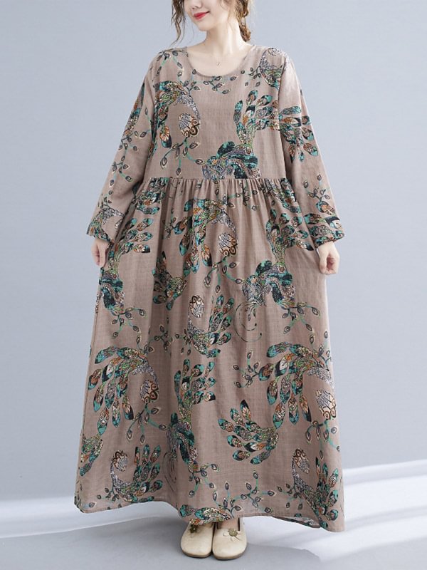 Vintage Ramie Cotton Floral Printed Round-Neck Long Sleeves Loose Maxi Dress
