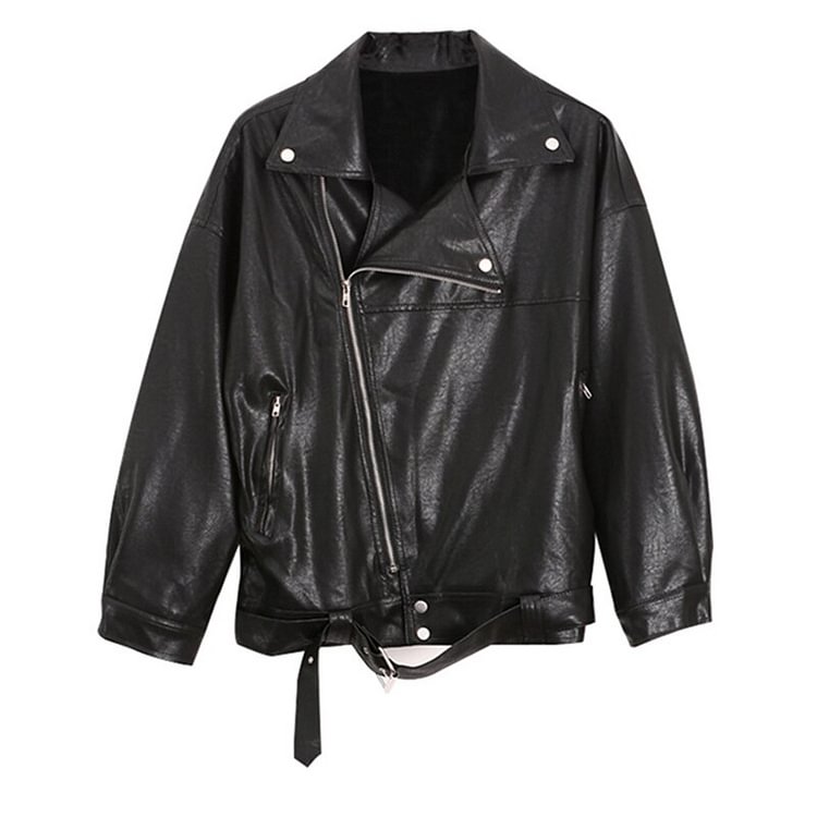 Street Loose Solid Color Lapel Long Sleeve Pockets Asymmetrical Zip-up Leather Jacket   