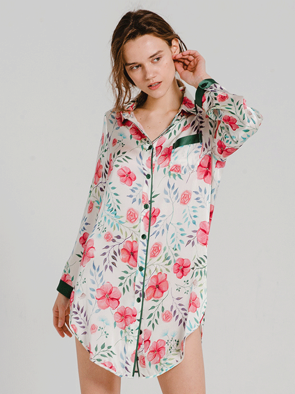 22 MOMME Pyjama en soie imprimé floral rose et vert -Soie Plus
