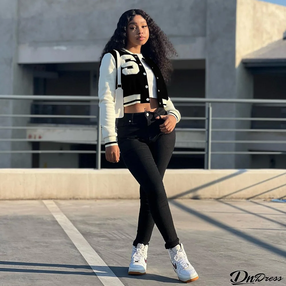 Women Solid Patchwork Letter Button Loose Baseball Jacket