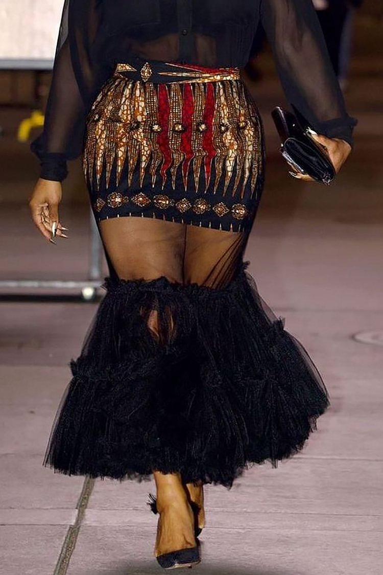Xpluswear Plus Size Black Party Graphic Print Stitching See-Through Overlay Mesh Skirt 
