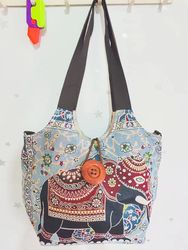 Women’s Large Canvas Elephant Ethnic Style Square Zipper Shoulder Bag