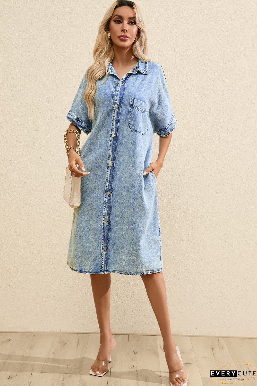 Denim Shirt Dress with Button Pockets