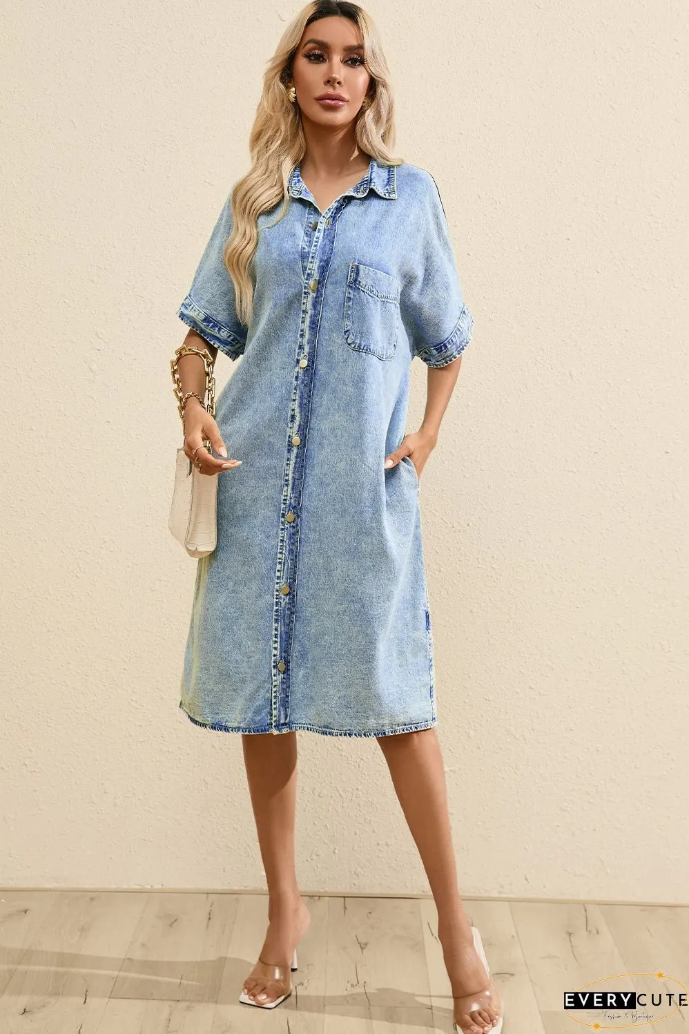 Denim Shirt Dress with Button Pockets