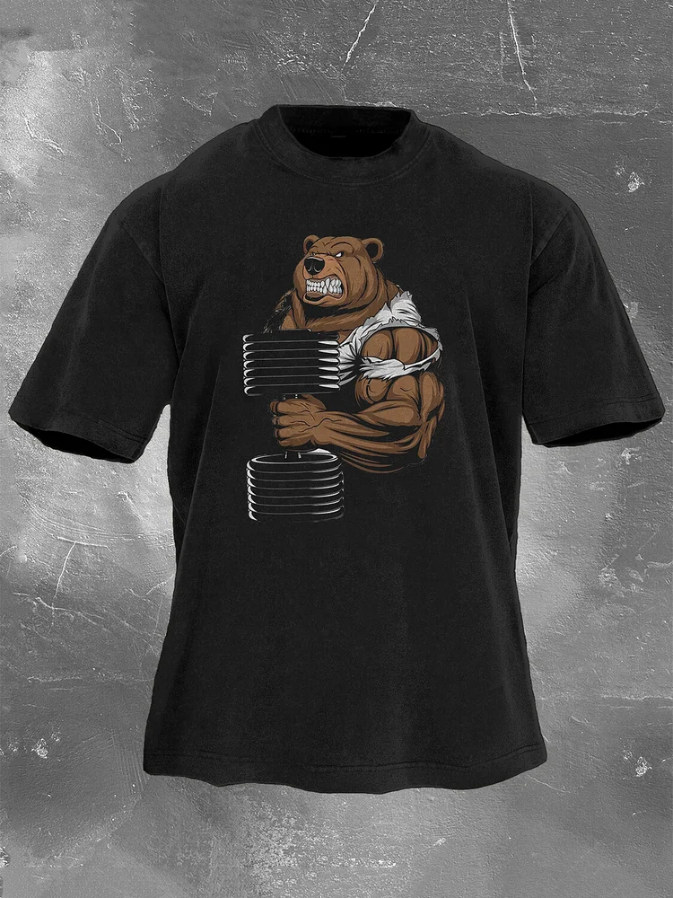 Men's Fitness Bear Print Cotton Washed T-Shirt