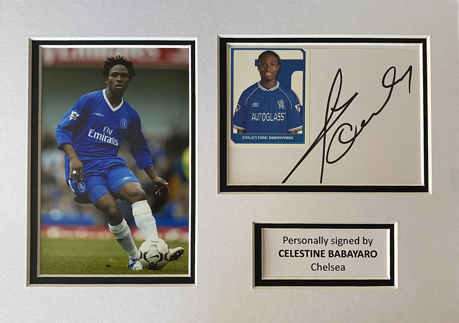 Celestine Babayaro Hand Signed White Card In A4 Chelsea Mount Display