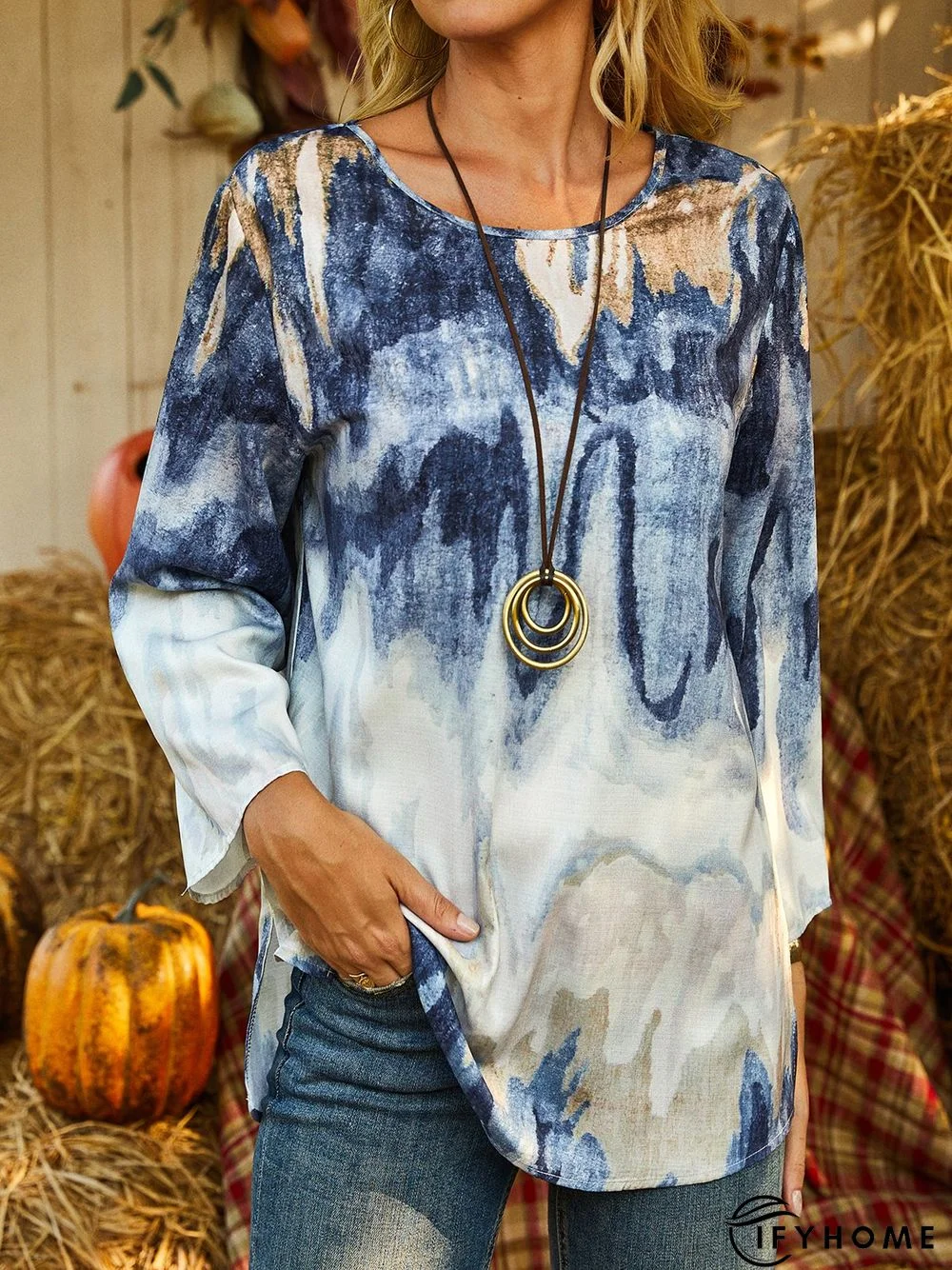 Blue Stripes Printed Long Sleeve Casual Shift Top | IFYHOME