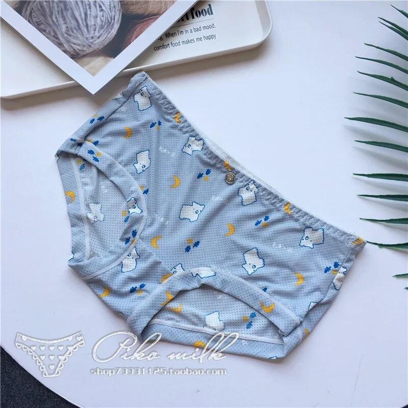 Billionm Colors Ice Silk Printing Cute Students Low Waist Cartoon Plaid Women's New Underwear Lolita Fruit Animal Fashion Panties Bow