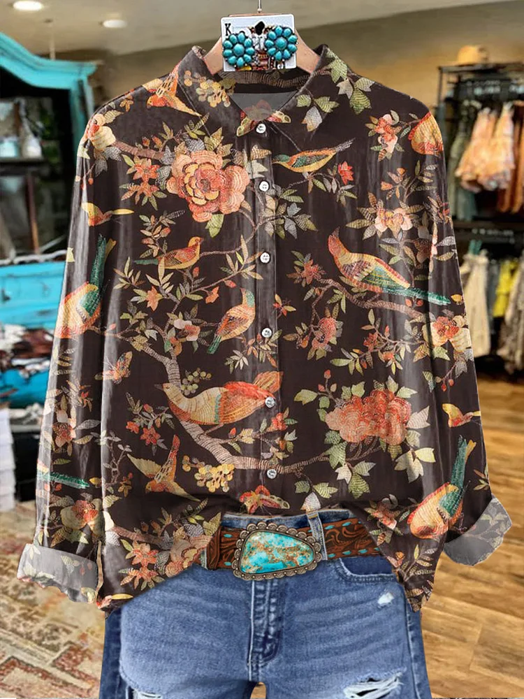 Women's Vintage Floral Print Casual Cotton Shirt