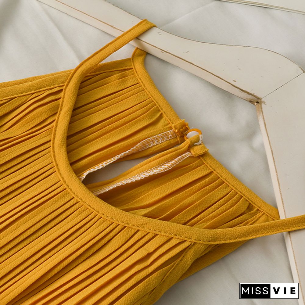 Dress Women Summer Retro Simple Chic Loose Off Shoulder Pleated Dresses Female Midi Sundress Trendy Sleeveless Vestidos Daily