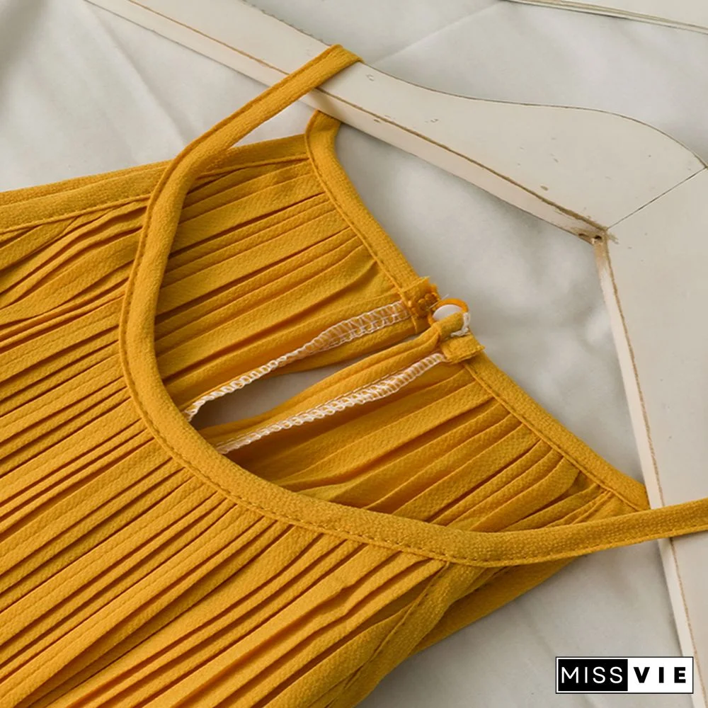 Dress Women Summer Retro Simple Chic Loose Off Shoulder Pleated Dresses Female Midi Sundress Trendy Sleeveless Vestidos Daily