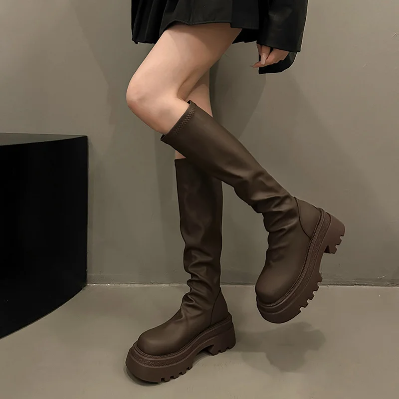 Yyvonne Autumn New British Folded Elastic Skinny Boots Retro Thick And Thick Bottom Pine Cake But Knee Long Boots Women
