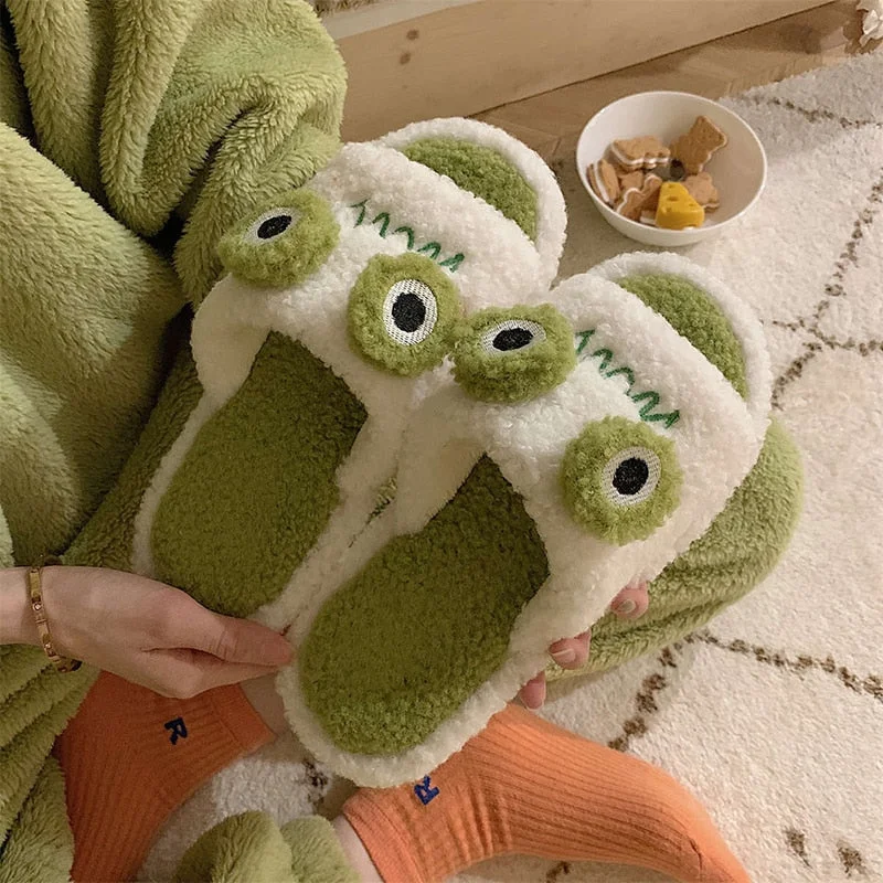 Vstacam 2023 Cartoon Funny Frog Fall Home Slippers Green Fluffy Warm Plush Slippers for Women Cute Kawaii Fluzzy Slippers for Girls