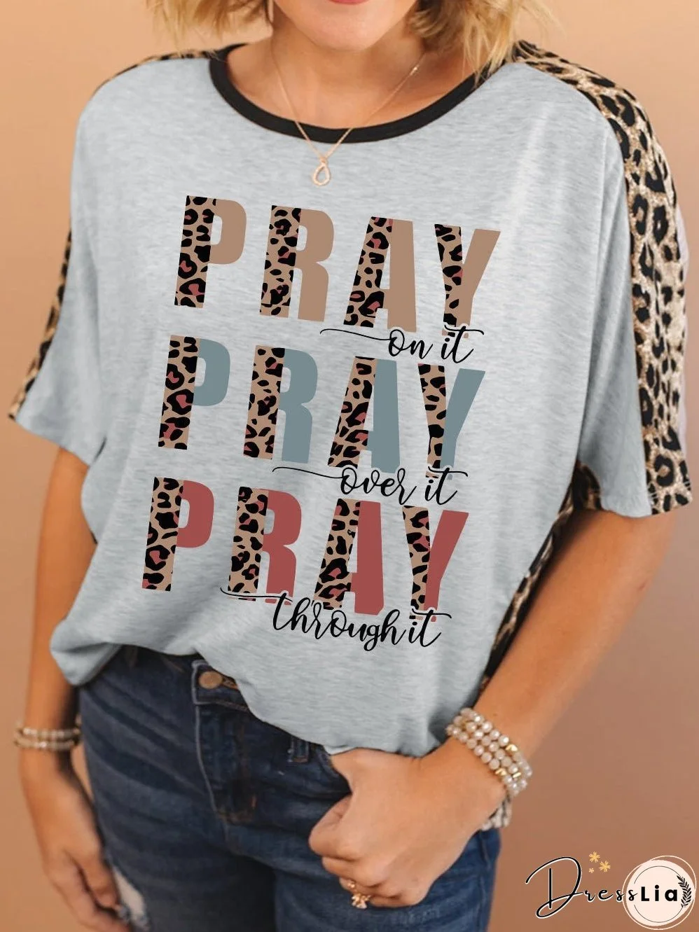 PRAY Graphic Leopard Patchwork Dolman Sleeve T-Shirt