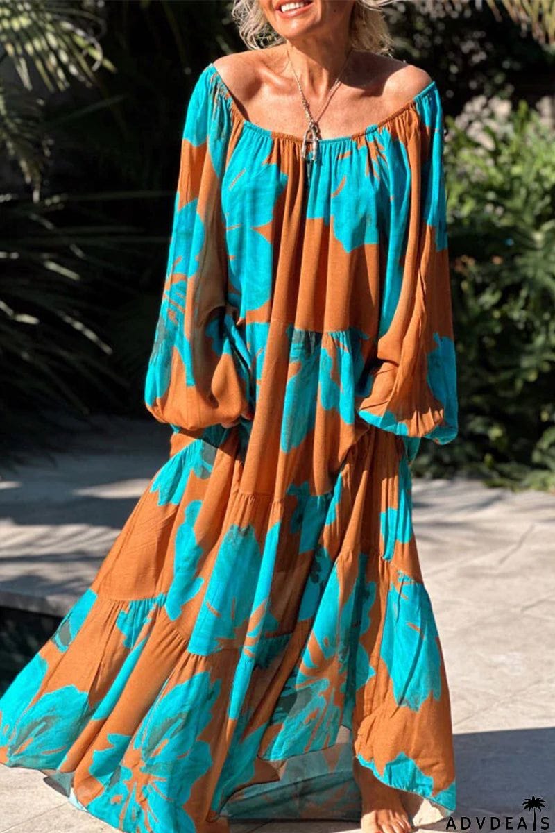 Casual Vacation Floral Patchwork Off the Shoulder Printed Dress Dresses(4 Colors)