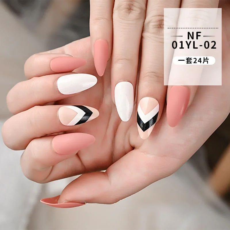 Fashion 24pc/set French Styel Press On False Nail Tips 10 Sizes Fake Nails Full Cover Nail Tips With Nail Adhesive Tab Sticker-Nail Inspo