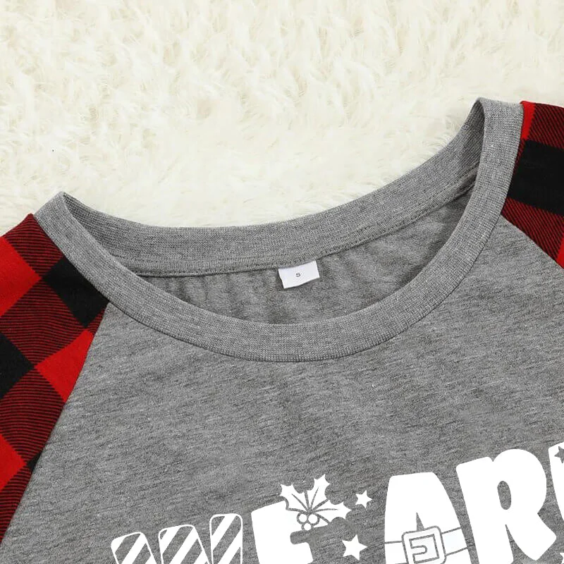 "We are Family 2024" White Letter Print Black & Red Plaid Family Matching Grey Pajamas With Dog bandana