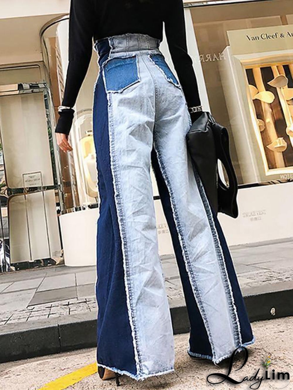 Casual Colorblock Patchwork Raw Trim Wide Leg Denim Jeans