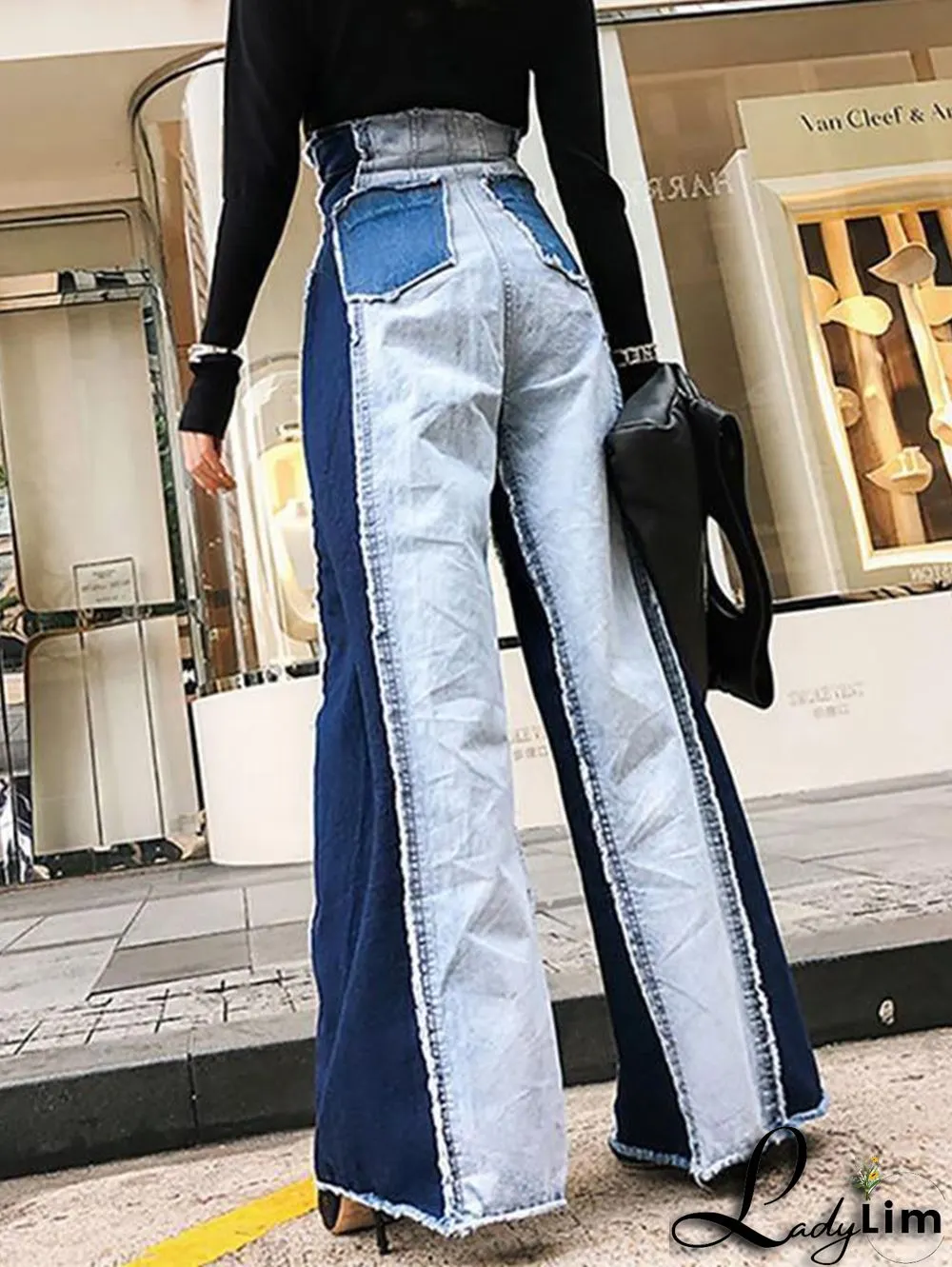 Casual Colorblock Patchwork Raw Trim Wide Leg Denim Jeans