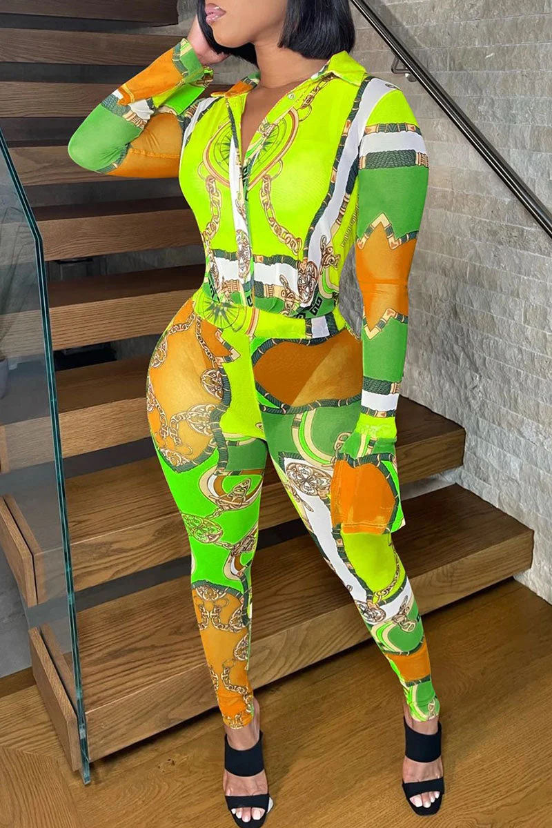 Sexy Print Split Joint Buckle Turndown Collar Regular Jumpsuits