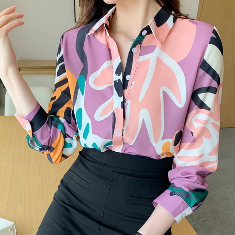 Pink Chiffon Printed Long Sleeve Shift Shirts & Tops QueenFunky
