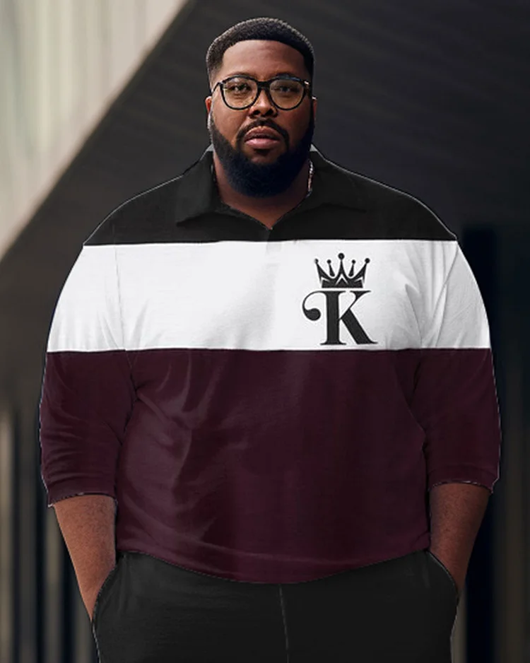 Men's Large Size Color Block King Simple Zipper Shirt And Pants Two-Piece Set