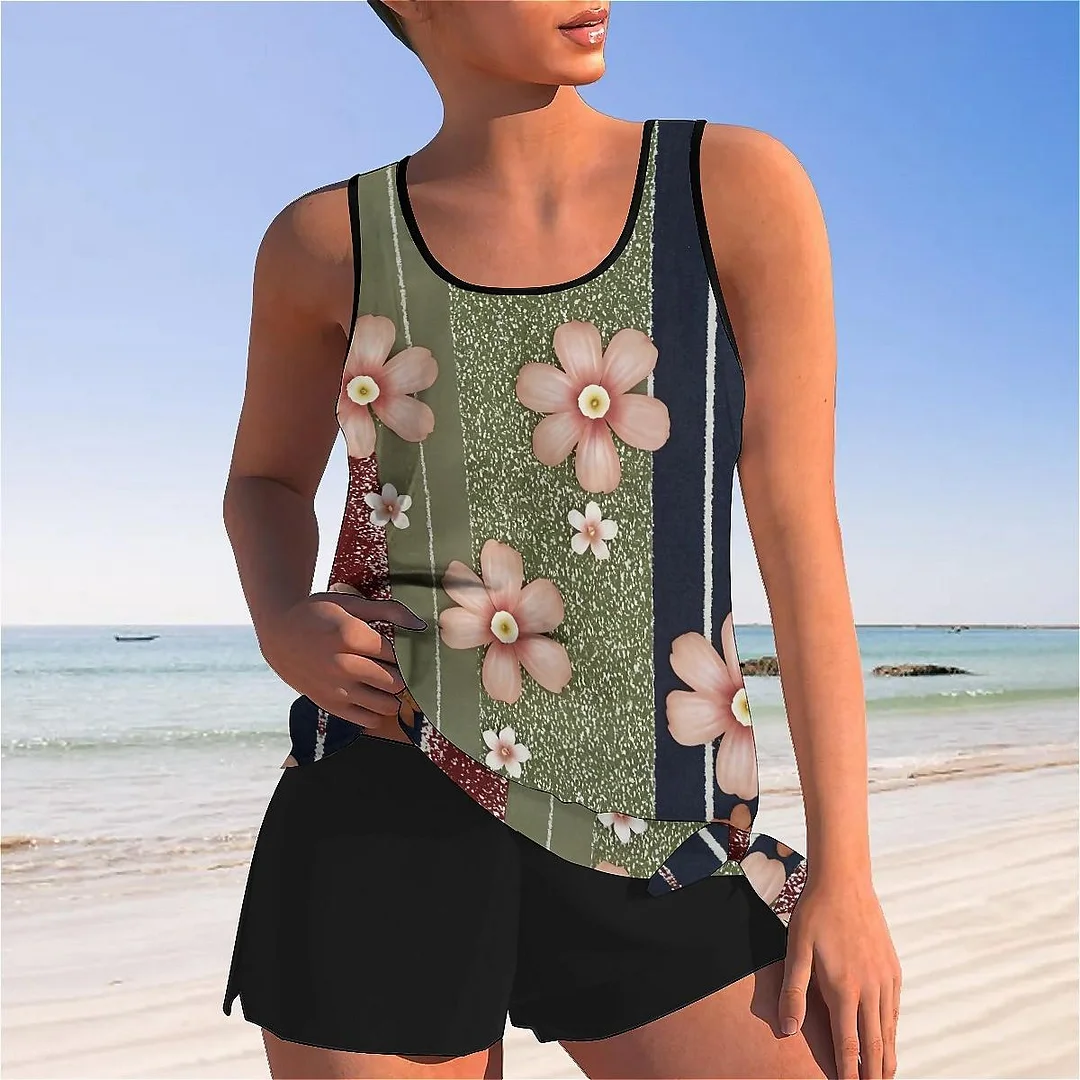 Bowknot Floral,Splicing Mid Waisted Tankini Set - Plus Size Available